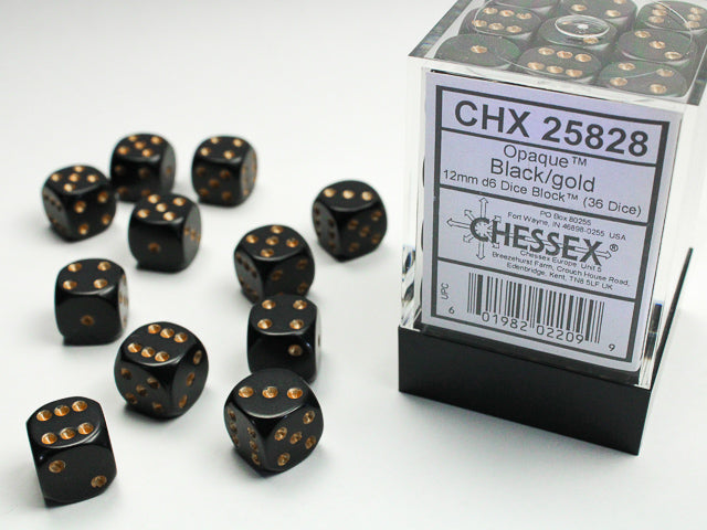 CHX 25828 Opaque Black/gold (12mm D6 36-Dice Set)