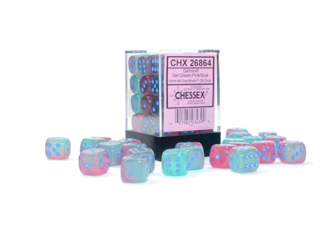 CHX 26864 Gemini Gel Green-Pink/blue Luminary (12mm D6 36-Dice Set)