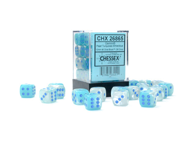 CHX 26865 Gemini Pearl Turquoise-White/blue Luminary (12mm D6 36-Dice Set)