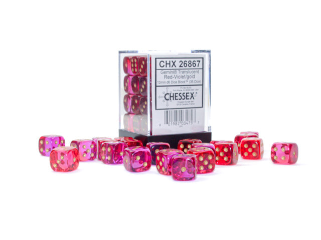 CHX 26867 Gemini Translucent Red-Violet/gold (12mm D6 36-Dice Set)
