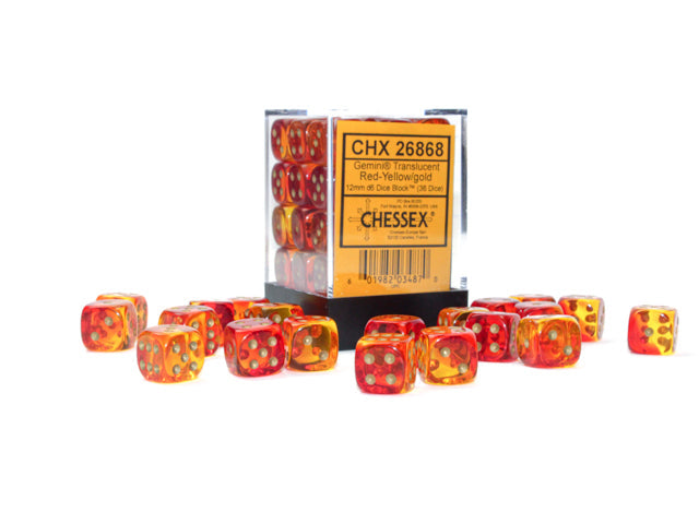 CHX 26868 Gemini Translucent Red-Yellow/gold (12mm D6 36-Dice Set)