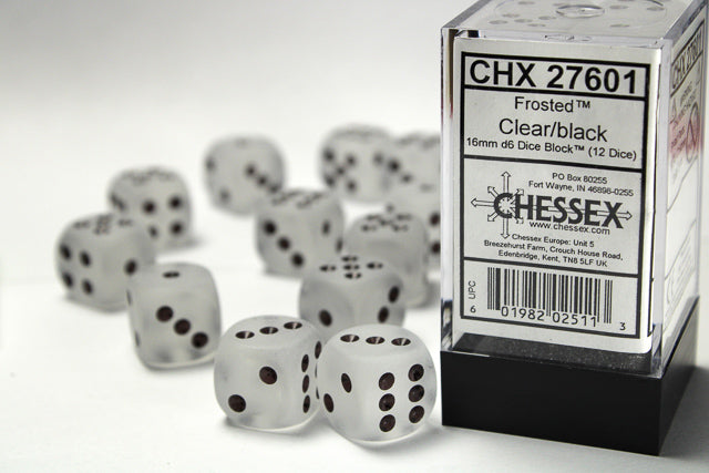 CHX 27601 Frosted Clear/black (16mm D6 12-Dice Set)