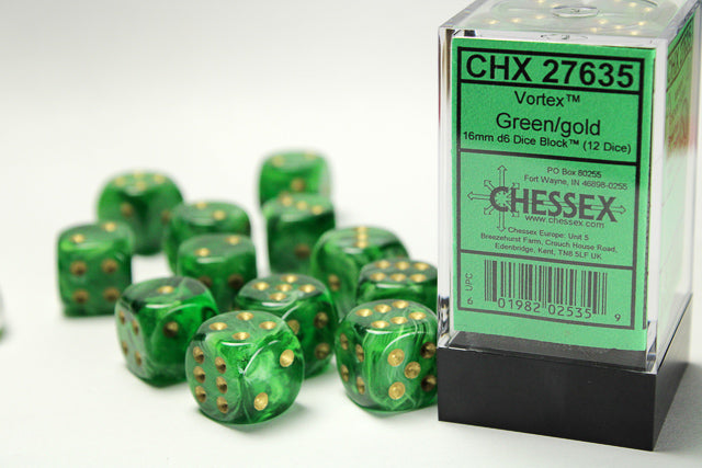 CHX 27635 Vortex Green/gold (16mm D6 12-Dice Set)