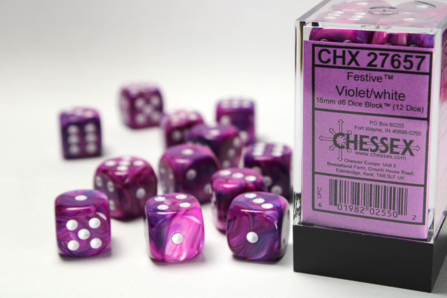 CHX 27657 Festive Violet/white (16mm D6 12-Dice Set)