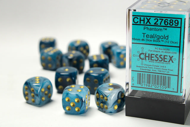 CHX 27689 Phantom Teal/gold (16mm D6 12-Dice Set)