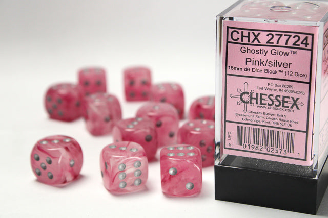 CHX 27724 Ghostly Glow Pink/silver (16mm D6 12-Dice Set)