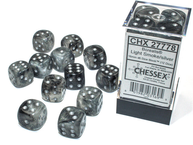 CHX 27778 Borealis Light Smoke/silver Luminary (16mm D6 12-Dice Set)
