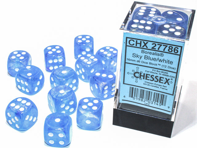 CHX 27786 Borealis Sky Blue/white Luminary (16mm D6 12-Dice Set)