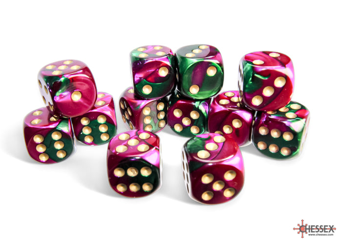 CHX 26634 Gemini Green-Purple/gold (16mm D6 12-Dice Set)