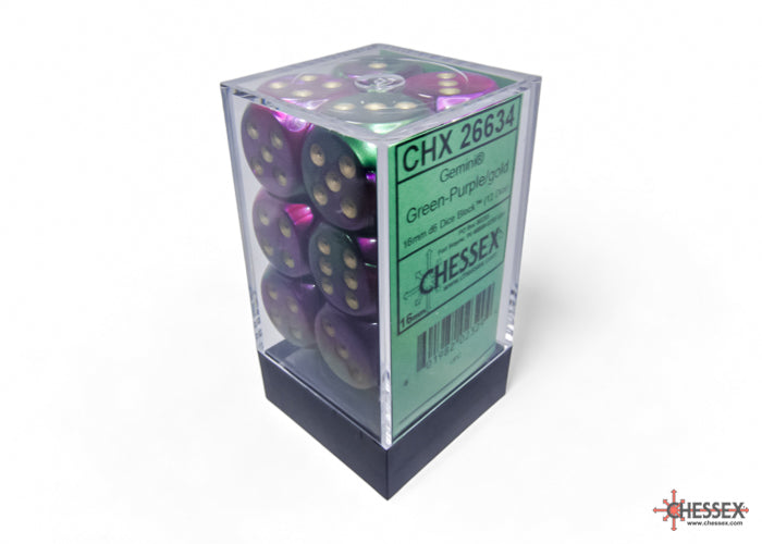 CHX 26634 Gemini Green-Purple/gold (16mm D6 12-Dice Set)