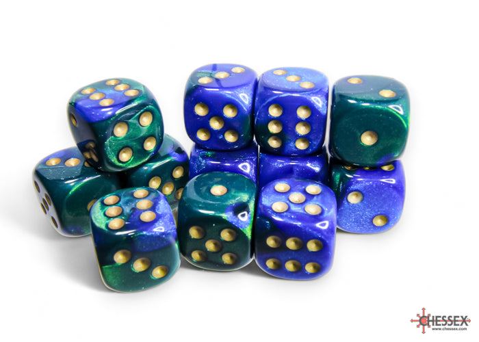 CHX 26636 Gemini Blue-Green/gold (16mm D6 12-Dice Set)