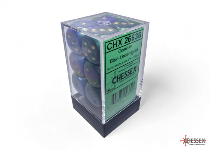 CHX 26636 Gemini Blue-Green/gold (16mm D6 12-Dice Set)