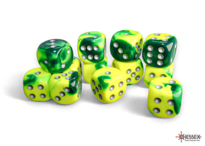 CHX 26654 Gemini Green-Yellow/silver (16mm D6 12-Dice Set)