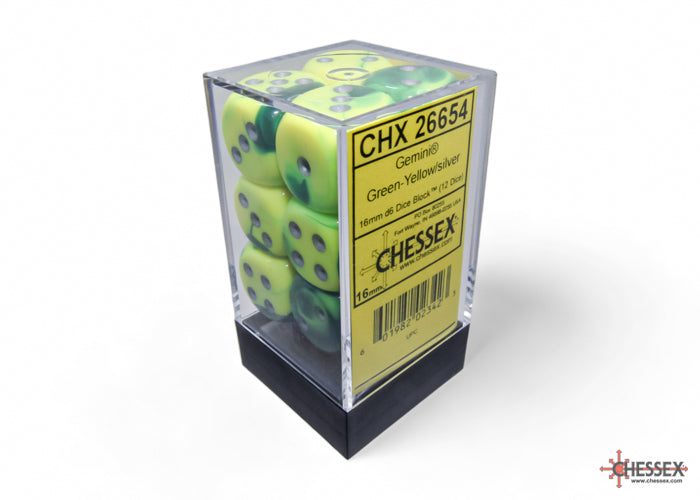 CHX 26654 Gemini Green-Yellow/silver (16mm D6 12-Dice Set)