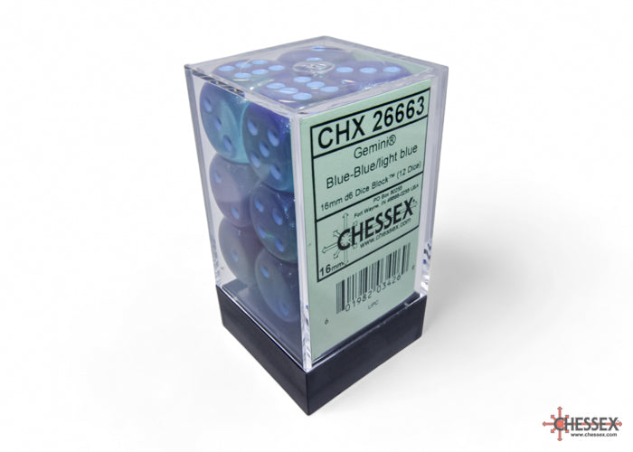 CHX 26663 Gemini Blue-Blue/light blue Luminary (16mm D6 12-Dice Set)