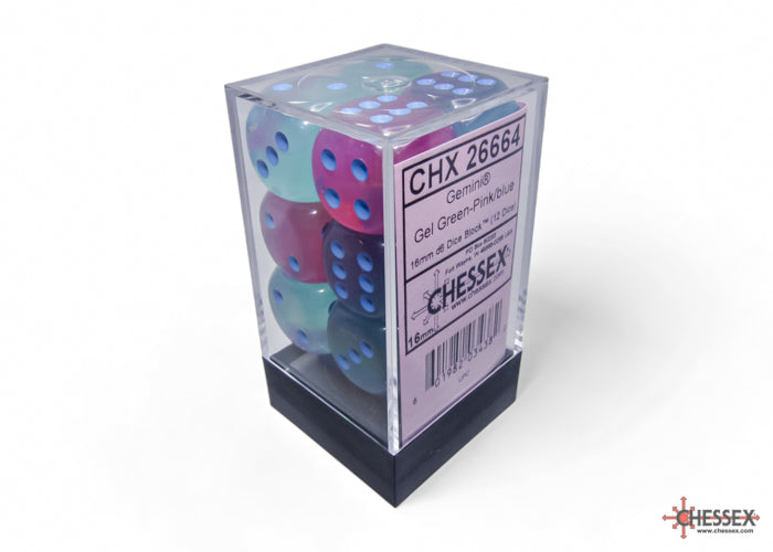 CHX 26664 Gemini Gel Green-Pink/blue Luminary (16mm D6 12-Dice Set)