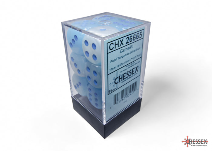 CHX 26665 Gemini Pearl Turquoise-White/blue Luminary (16mm D6 12-Dice Set)