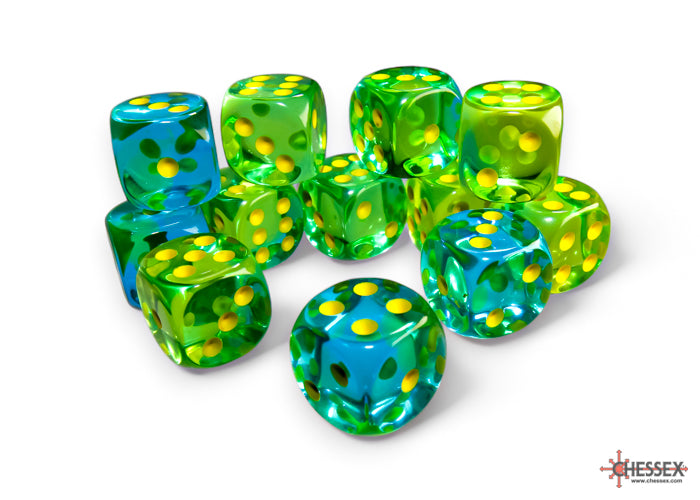 CHX 26666 Gemini Translucent Green-Teal/yellow Luminary (16mm D6 12-Dice Set)