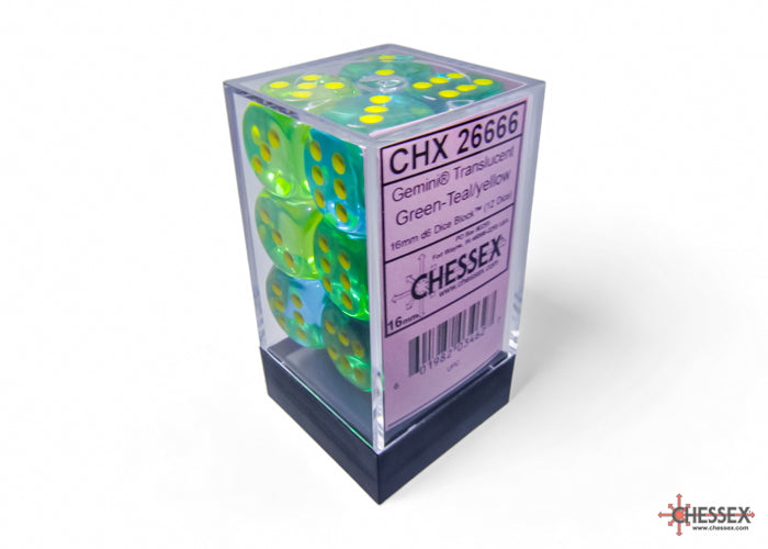 CHX 26666 Gemini Translucent Green-Teal/yellow Luminary (16mm D6 12-Dice Set)