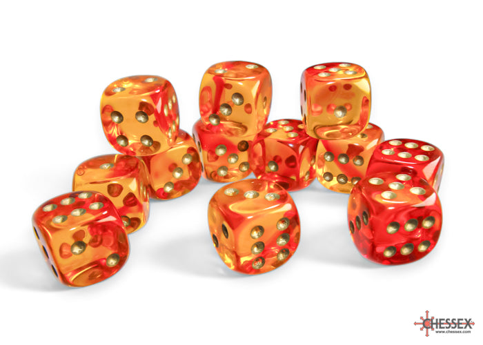 CHX 26668 Gemini Translucent Red-Yellow/gold (16mm D6 12-Dice Set)