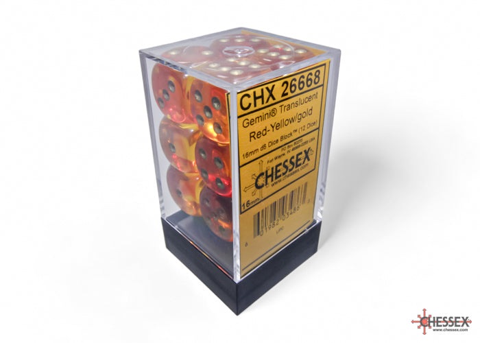 CHX 26668 Gemini Translucent Red-Yellow/gold (16mm D6 12-Dice Set)