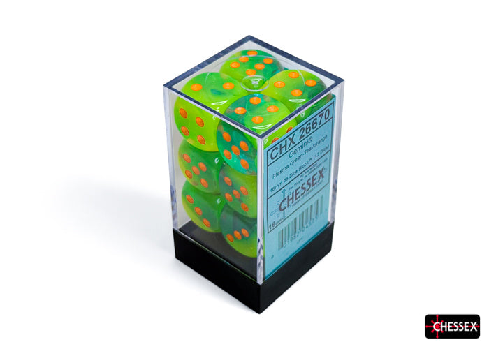 CHX 26670 Gemini Plasma Green-Teal/orange Luminary (16mm D6 12-Dice Set)