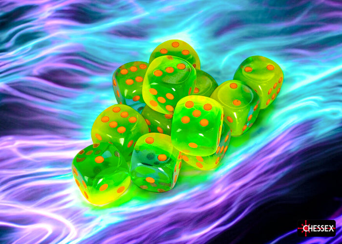 CHX 26670 Gemini Plasma Green-Teal/orange Luminary (16mm D6 12-Dice Set)