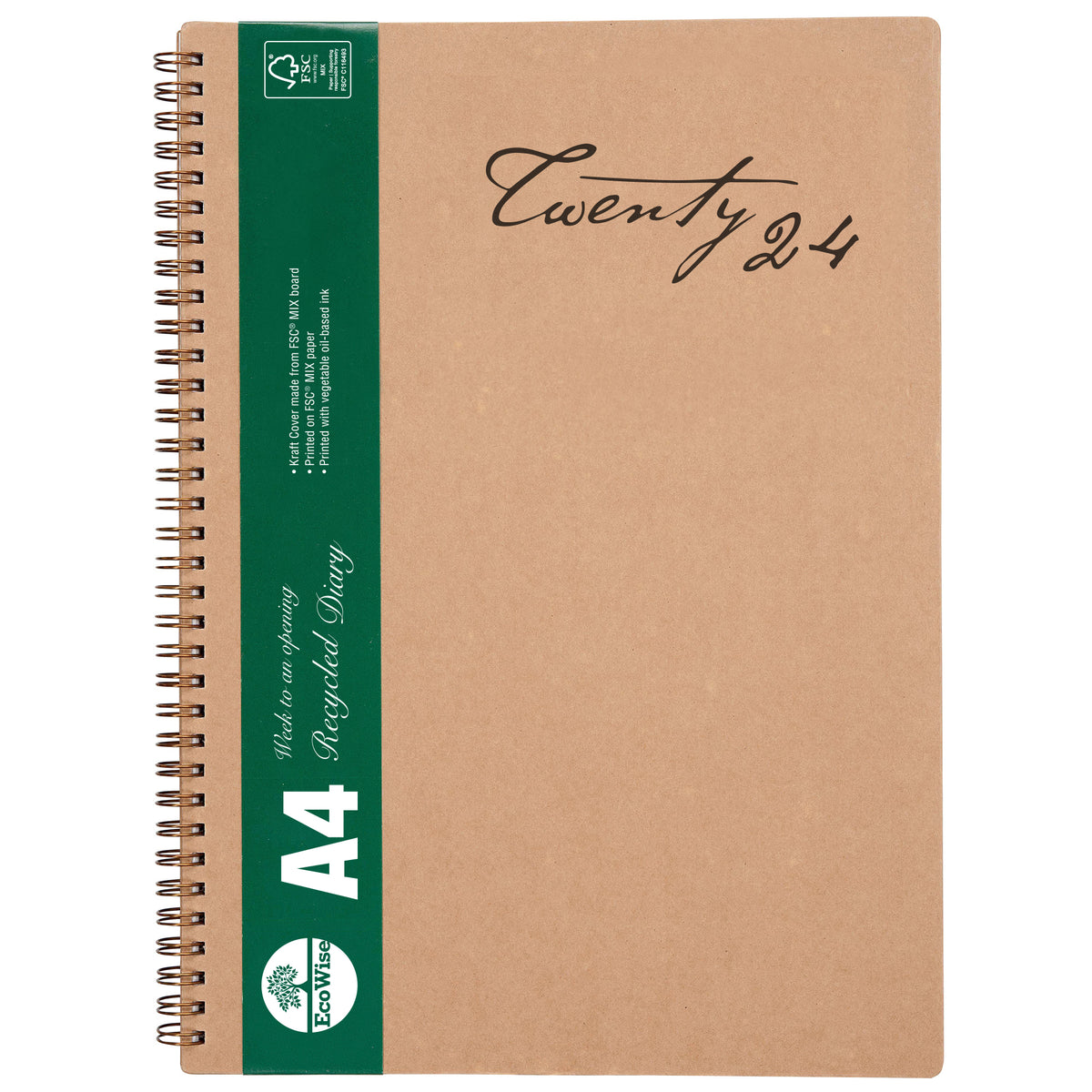 Cumberland Ecowise 2024 Diary Spiral A4 WTV Boardcover Recycled Kraft
