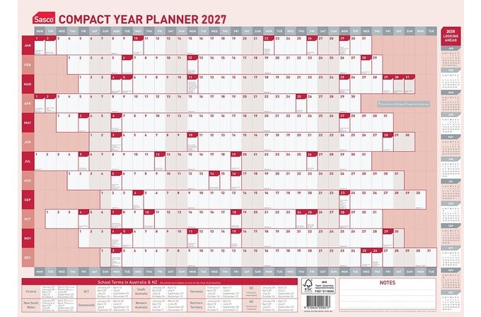 Sasco 2027 Calendar Year Planner - Compact (594x420mm) 1043527 Red