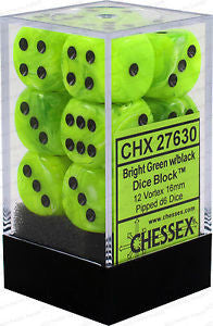 CHX 27630 Vortex Bright Green/black (16mm D6 12-Dice Set)