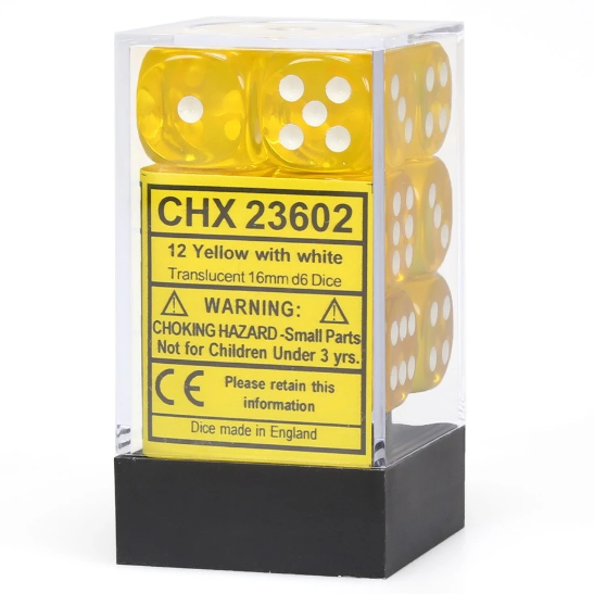 CHX 23602 Translucent Yellow/white (16mm D6 12-Dice Set)
