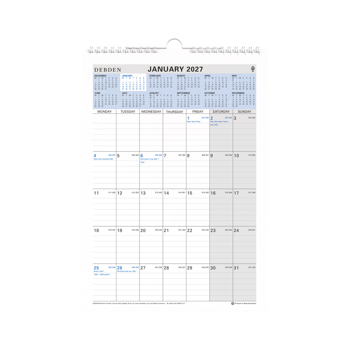 Collins Debden 2027 Calendar Year - Calendar 12 Month CE0011 A4 WIRO (297x210mm) MTV