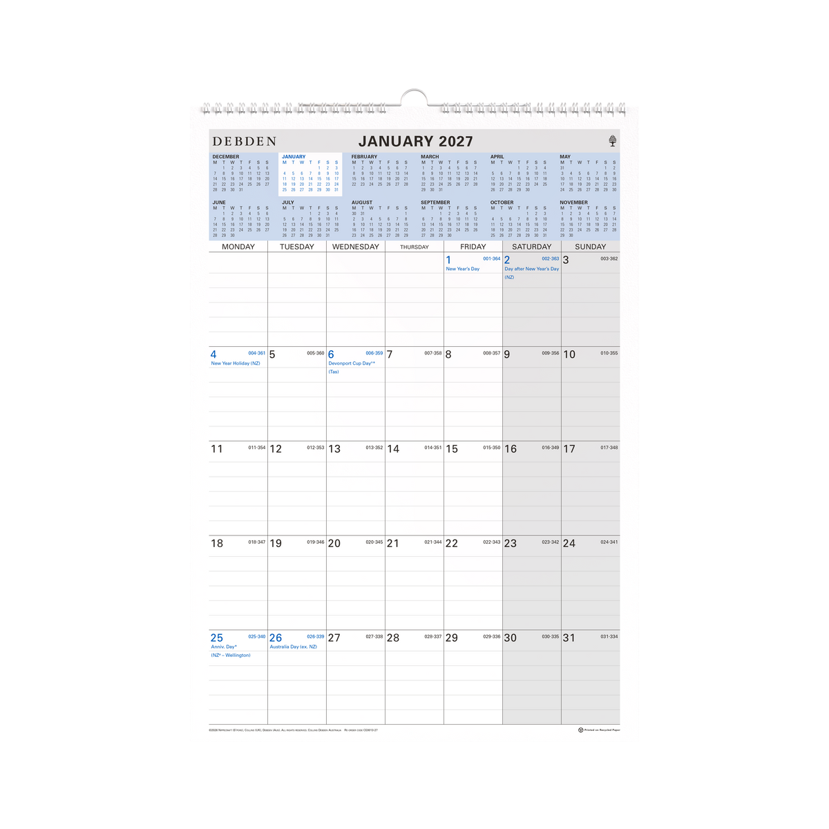 Collins Debden 2027 Calendar Year - Calendar 12 Month A4 WIRO h432xw300mm CE0013 MTV