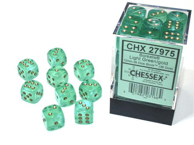 CHX 27975 Borealis Light Green/gold Luminary (12mm D6 36-Dice Set)