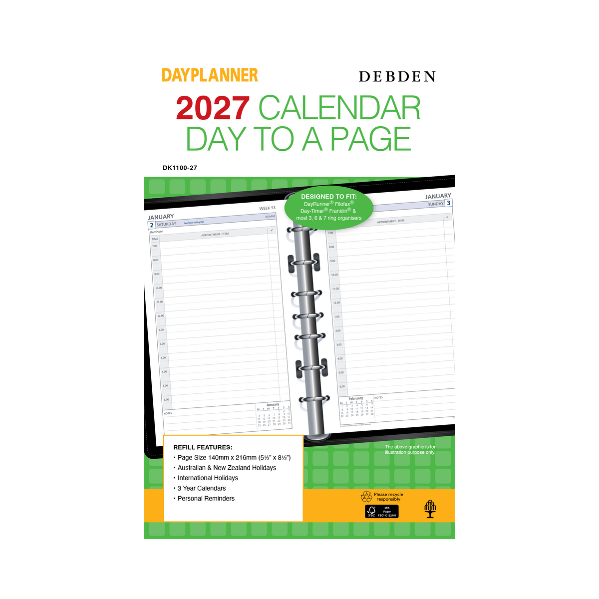 Collins Debden 2027 Calendar Year Planner - Refill Desk Planner DK1100 DTP