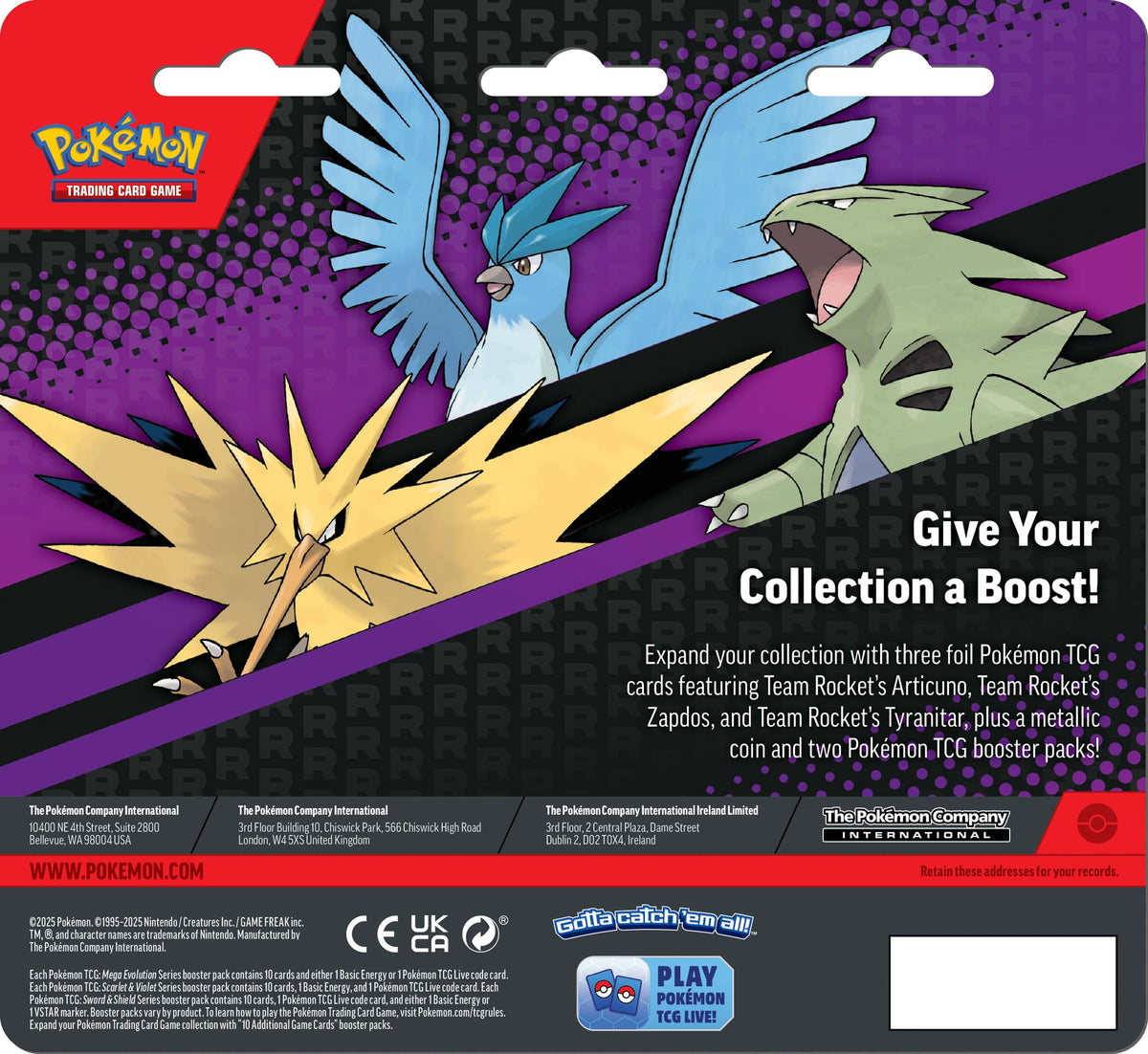 Pokemon TCG: Team Rocket's Articuno, Zapdos & Tyranitar with 2 Booster Packs & Coin
