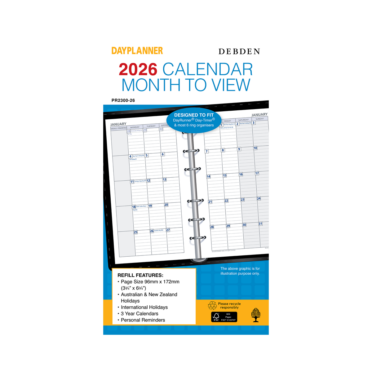Collins Debden 2026 Calendar Year Planner - Refill Personal Edition PR2300 MTV