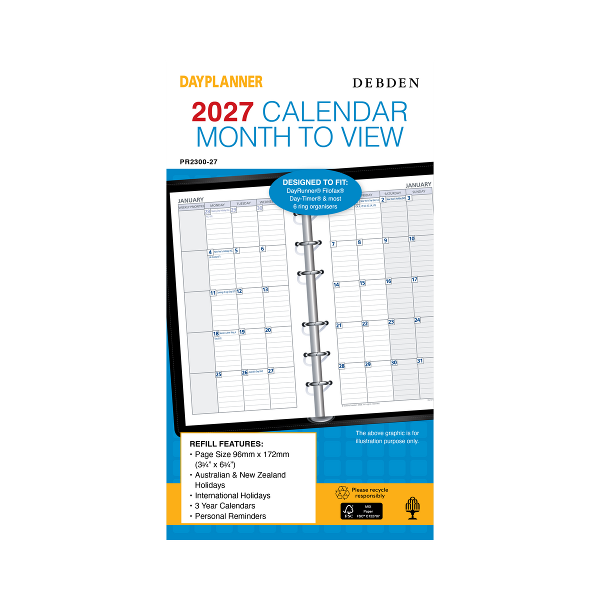 Collins Debden 2027 Calendar Year Planner - Refill Personal Edition PR2300 MTV