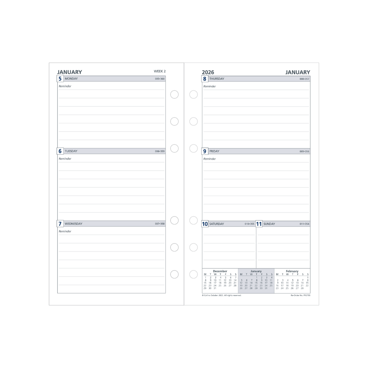 Collins Debden 2026 - Personal Weekly Ruled Planner Refill PR2700 WTV