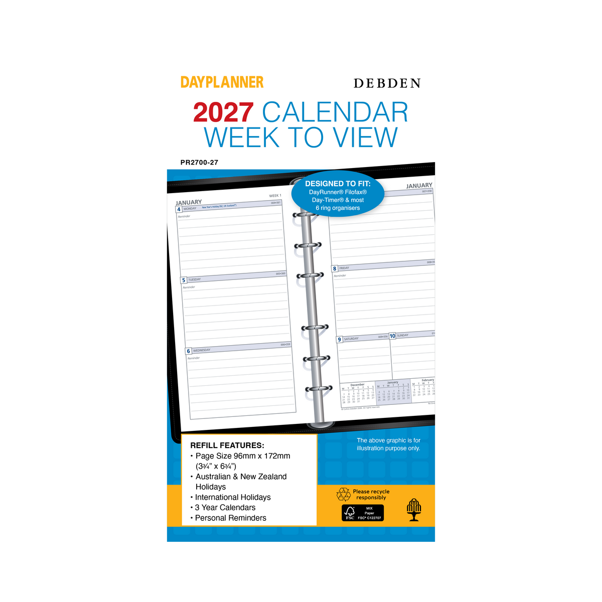 Collins Debden 2027 - Personal Weekly Ruled Planner Refill PR2700 WTV