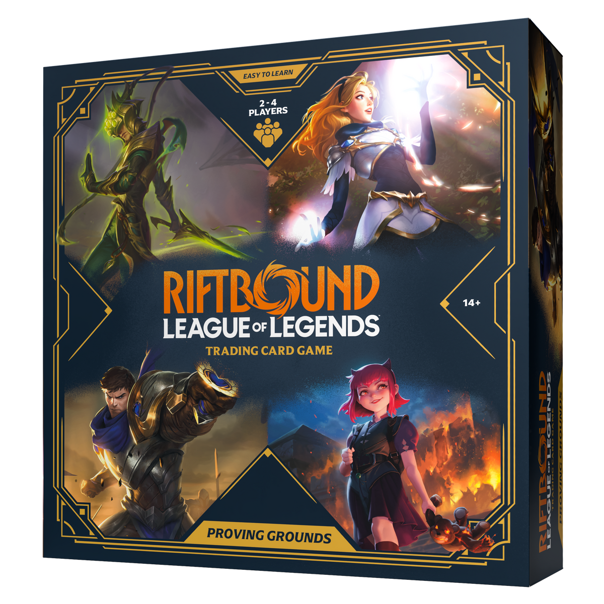 Box of Riftbound League of Legends Trading Card Game featuring characters on a dark background