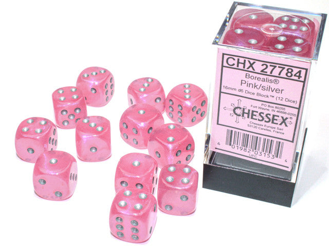 CHX 27784 Borealis Pink/silver Luminary (16mm D6 12-Dice Set)