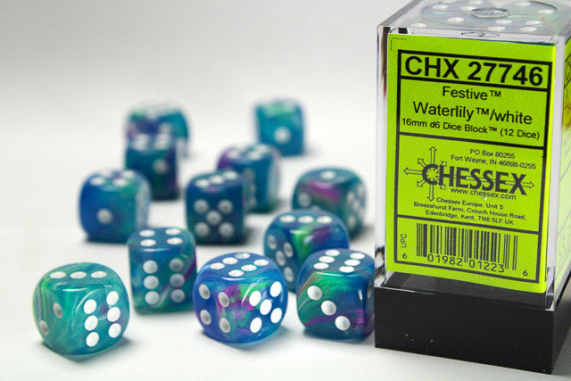 CHX 27746 Festive Waterlily/white (16mm D6 12-Dice Set)