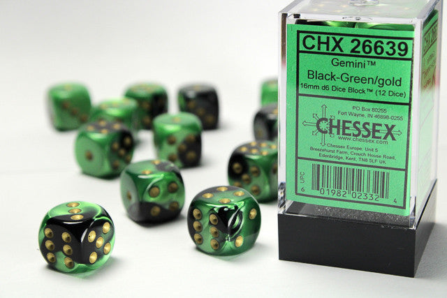CHX 26639 Gemini Black-Green/gold (16mm D6 12-Dice Set)