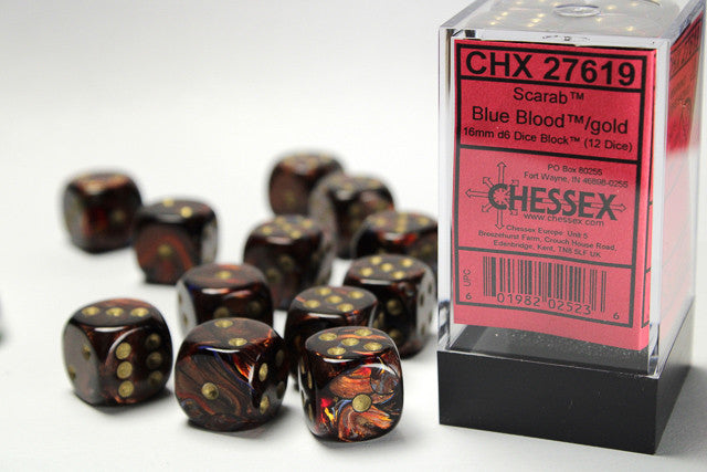 CHX 27619 Scarab Blue Blood/gold (16mm D6 12-Dice Set)