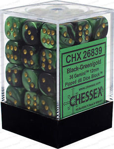 CHX 26839 Gemini Black-Green/gold 12mm D6 36-Dice Set
