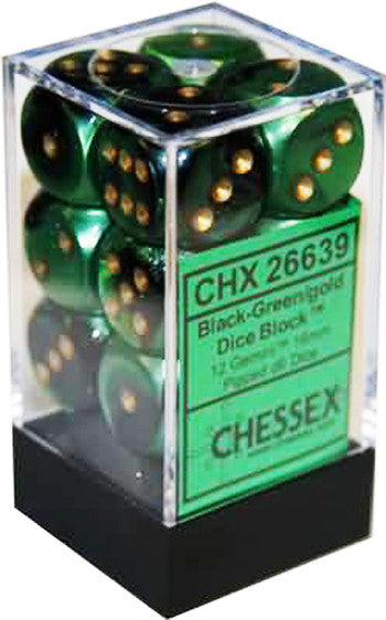 CHX 26639 Gemini Black-Green/gold (16mm D6 12-Dice Set)