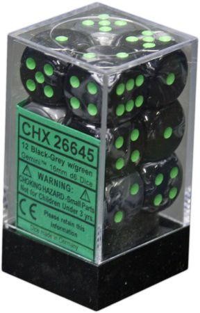 CHX 26645 Gemini Black-Grey/green (16mm D6 12-Dice Set)