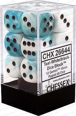 CHX 26644 Gemini Teal-White/Black 16mm D6 12-Dice Set