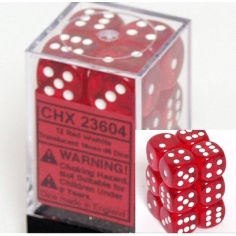 CHX 23604 Translucent Red/white (16mm D6 12-Dice Set)